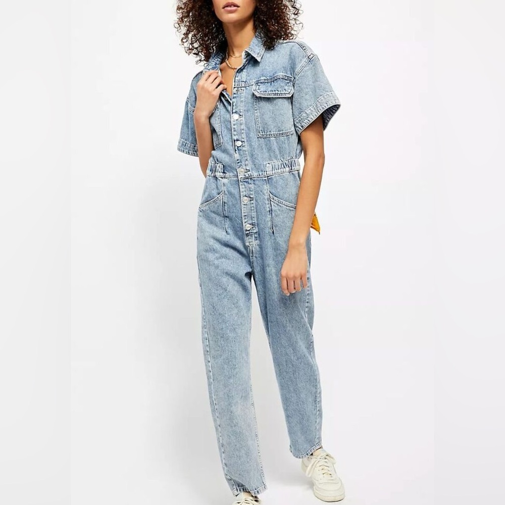 Free People Light Blue Denim Button-Front Jumpsuit